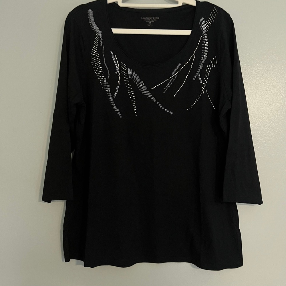 Coldwater Creek Womens Black Beaded Sequin 3/4 Sleeve Top Scoop Neck embellished